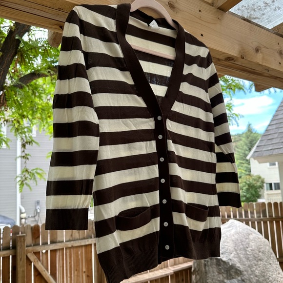 J. Crew Featherweight Chocolate Brown Ivory Cardigan Striped V Neck Cotton Large - Picture 11 of 15